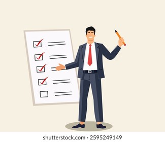 illustration of a businessman holding a checklist with completed tasks, smiling confidently. Perfect for productivity, goal setting, time management, and success concepts