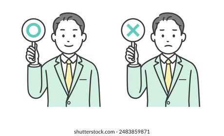 Illustration of a businessman holding a circle or cross sign