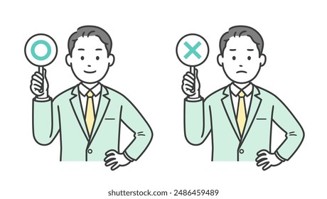 Illustration of a businessman holding a circle and a cross and putting his hand on his hip