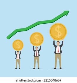 illustration businessman holding a coin over his head with the growth chart on a blue background.