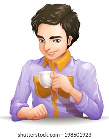 Illustration of a businessman holding a cup on a white background