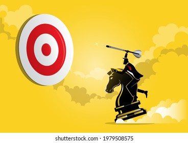 An illustration of a businessman holding a dart arrow while riding chess knight piece, strategic concept