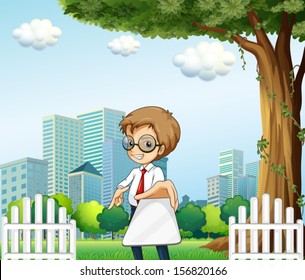 Illustration of a businessman holding a gadget under the tree