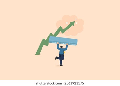 An illustration of a businessman holding a giant ruler, with a green arrow graph in front symbolizing growth and rising profits. Represents the concept of measuring business success and progress.