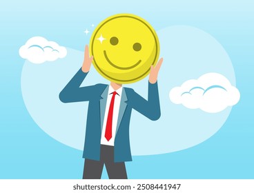 An illustration of a businessman holding a happy emoticon face in front of his face