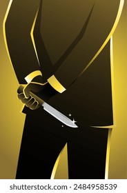 An illustration of a businessman holding knife behind his back view from behind. Betrayal metaphor concept