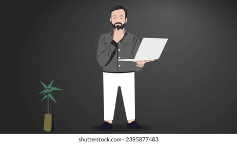 Illustration of a businessman holding a laptop. Thinking something to do for work. Asian man, editable vector design