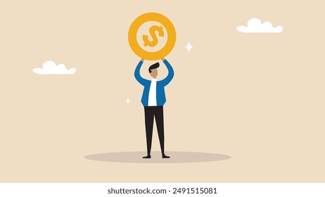 Illustration of a businessman holding a large symbol with a dominant dollar sign above his head, in a minimalistic vector flat style for a business concept idea and commercial.