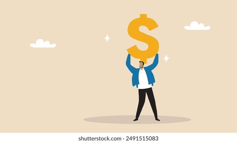 Illustration of a businessman holding a large symbol with a dominant dollar sign above his head, in a minimalistic vector flat style for a business concept idea and commercial.