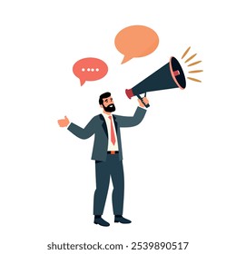 ilustração de um homem de negócios segurando um megafone com bolhas de fala, simbolizando comunicação, anúncio ou discurso público. Perfeito para tópicos como promoção de negócios, publicidade e líderes