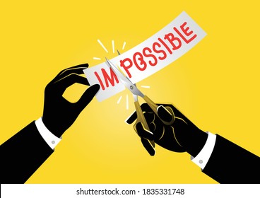 An illustration of businessman holding pair of scissors in hand cuts white paper with the text impossible change word to possible