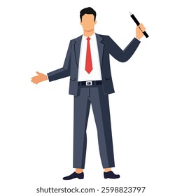illustration of a businessman holding a pen, symbolizing leadership, presentation, or corporate communication. Flat and colorful design, suitable for business presentations, office concepts, corporate