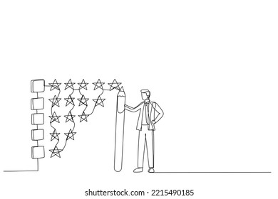 Illustration of businessman holding pencil to evaluate star feedback. Metaphor for evaluation. Single line art style
