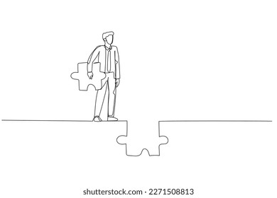 Illustration of businessman holding puzzle try to connect the road. Concept of ambition. Single line art style