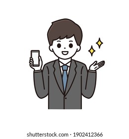 Illustration of a businessman holding a smartphone and explaining with a smile