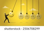 An illustration of businessman holding smile face pendulum ball to hit other sad faces. Positive thinking inspire other people happy, balance between happiness and sadness