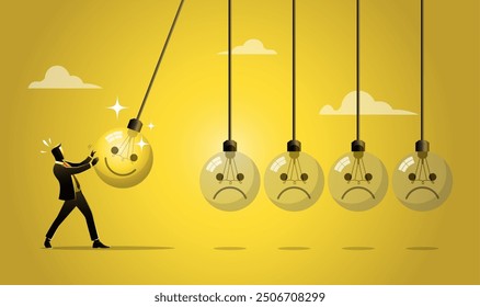 An illustration of businessman holding smile face pendulum ball to hit other sad faces. Positive thinking inspire other people happy, balance between happiness and sadness