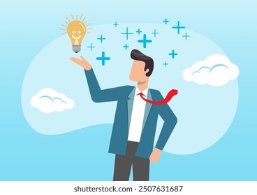 An illustration of businessman holding smiling lightbulb idea with positive vibes around. Positive thinking, always get idea to solve any problems concept