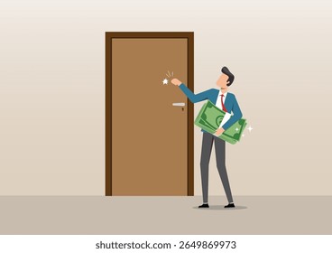 Ilustração de um homem de negócios, segurando uma pilha de notas verdes, batendo numa porta marrom fechada, transmitindo conceitos relacionados com novas ofertas de emprego e oportunidades financeiras