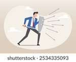 An illustration of businessman holding a sword and shield for selfdefense arrows attack. Business risk investment concept