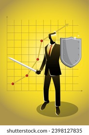 An illustration of a businessman holding a sword and shield. Chart on background. Business concept illustration