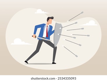 An illustration of businessman holding a sword and shield for selfdefense arrows attack. Business risk investment concept