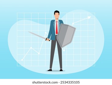 An illustration of Businessman holding a sword and shield. Chart on background. Business concept illustration
