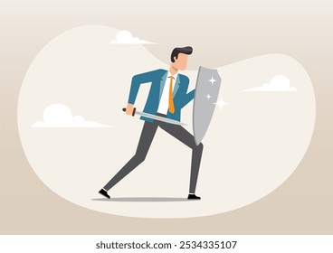 Uma ilustração de homem de negócios segurando uma espada e escudo, preparação, proteção, precaução no conceito de negócios