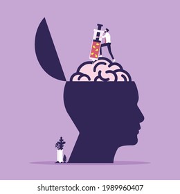 illustration of businessman holding syringe to inject liquid and light bulb into the brain, Concept of inspiration-ideas-innovation injections