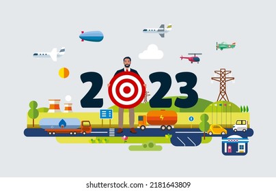 Illustration of a businessman holding a target for 2023 with a track and pipes view in the background.