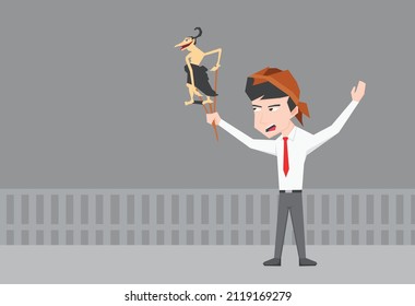 An illustration of a businessman holding a Wayang Kulit, a traditional art from Indonesia