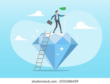 An illustration of businessman holding winning flag on precious high value diamond. Company value in marketing term of benefit for customer to buy product and service, quality or advantage concept