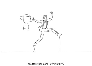 Illustration of businessman holding winning trophy jumping high for celebration concept of celebration. Single line art style