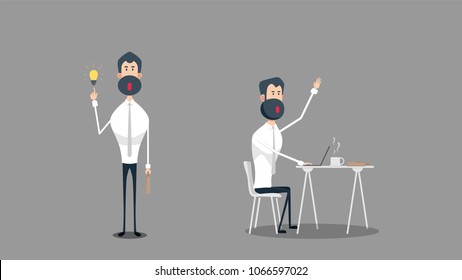 Illustration of businessman with an idea when standing and businessman working on the table.