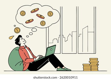 Ilustração de um homem de negócios imaginando dinheiro, perfeito para aspirações financeiras, sucesso e temas de definição de metas. Estilo moderno e simples para uso versátil em projetos de negócios.