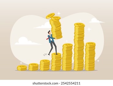 Una ilustración de hombre de negocios aumentar la pila de dinero. El crecimiento de la inversión compone el interés, la ganancia de capital o la acumulación de riqueza, aumenta el concepto de valor del depósito