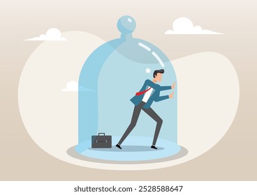 An illustration of businessman inside the glass try to push so hard to break boundary. Business constraints, difficulty prevent from improvement or success concept