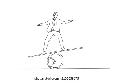 Illustration of businessman investor holding money big and small coin on clock seesaw. Time value of money concept. One line style art