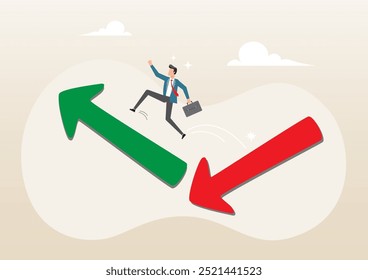 An illustration of businessman investor jumping from red to rising up arrow. Economic and investment improvement or recover from crisis, change from down turn to rising up concept
