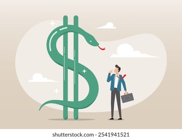 An illustration of businessman investor looking at giant snake dollar sign and think wisely. Financial risk, investment risk or opportunity to make profit and lose money concept