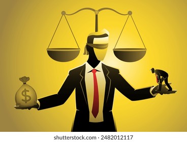 An illustration of businessman judge is putting the money and the person in both hands and making a judgment with his eyes closed