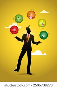 An illustration of businessman juggling various kinds of emoticons. Symbolising change and evolution.