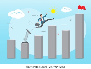 An illustration of businessman jump to higher column of graph with springboard. Concept of business risk and success.