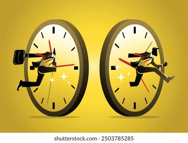 An illustration of businessman jump into clock to the future. Time travel to the future, productivity or efficiency concept