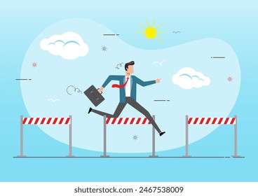 An illustration of businessman jump over hurdles. Overcoming obstacles to reach goals. Business challenges concept.