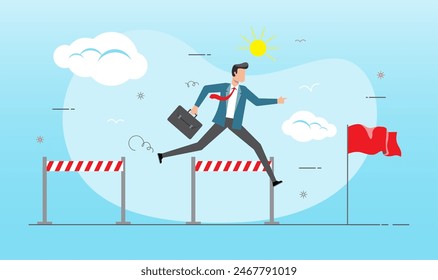 An illustration of businessman jump over hurdles to get red flag. Overcoming obstacles to reach goals. Business challenges concept.