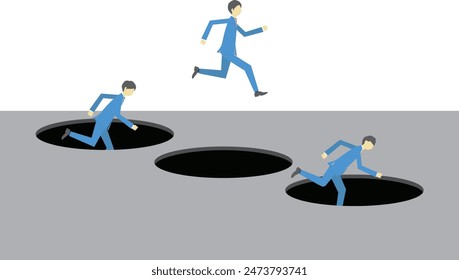 Illustration of businessman jumping to avoid pitfall