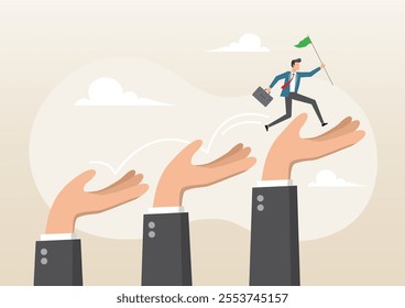 An illustration of businessman jumping up giant hand growth ladder to progress target. Business support or helping hand or encouragement for teammate to achieve business goal