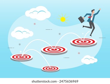 An illustration of businessman jumping on bigger and higher archery bull's eye target. Motivation to achieve bigger business target or business growth concept