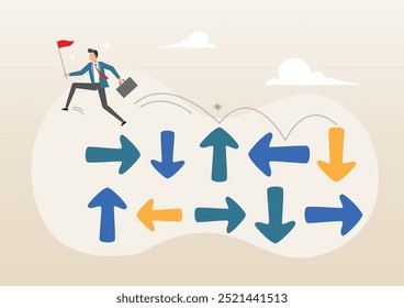 Una ilustración de un hombre de negocios saltando sobre la incertidumbre flechas de dirección aleatoria. Superar la incertidumbre, la adversidad o el coraje para resolver el problema o el concepto de dificultad